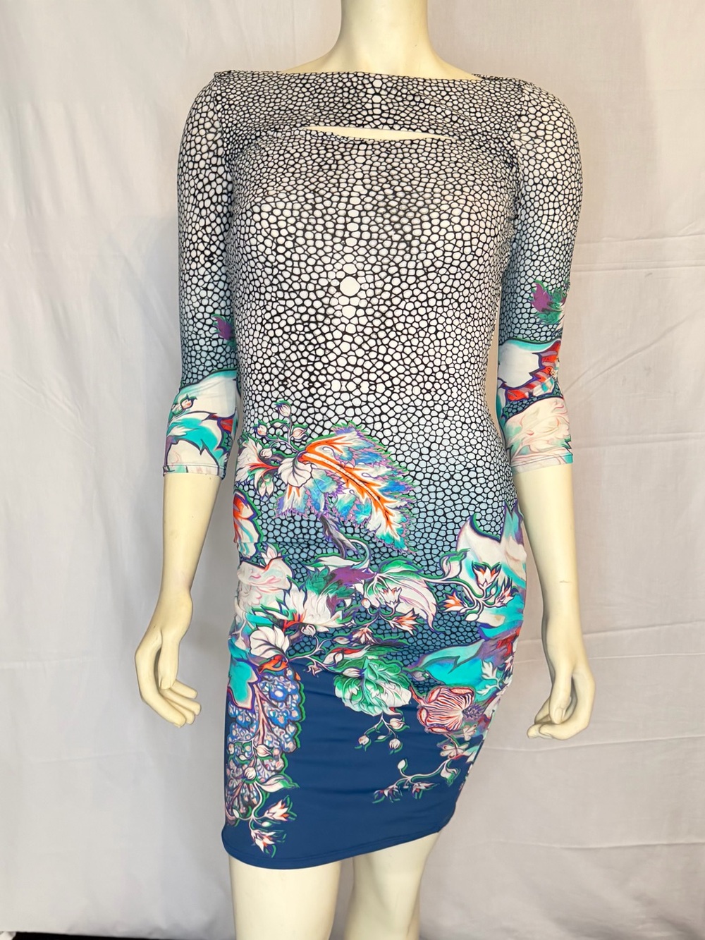 Roberto Cavalli White, Navy and Teal Floral Long Sleeve Bodycon Dress